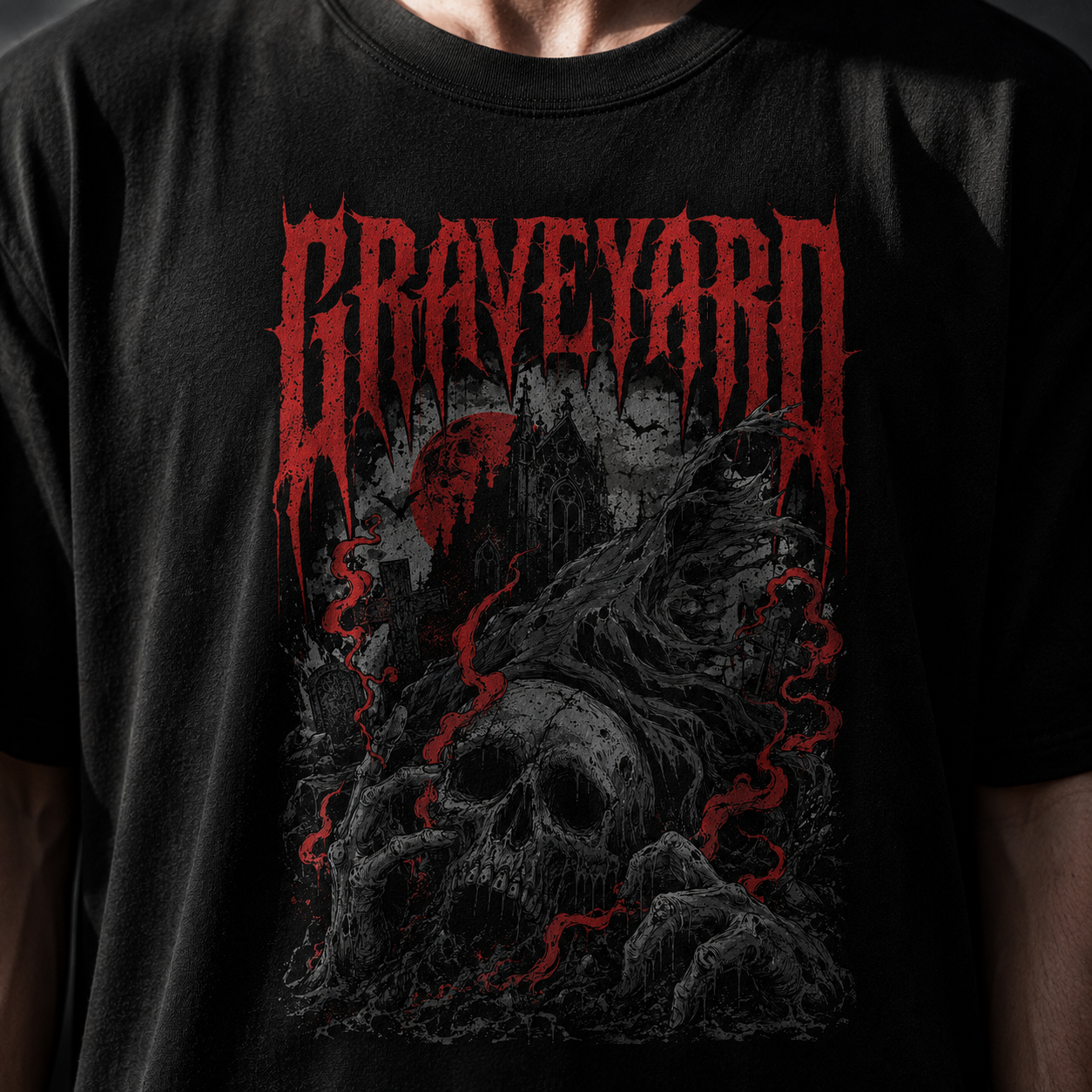 Graveyard Skull Horror T-Shirt — Gothic Metal Band Tee