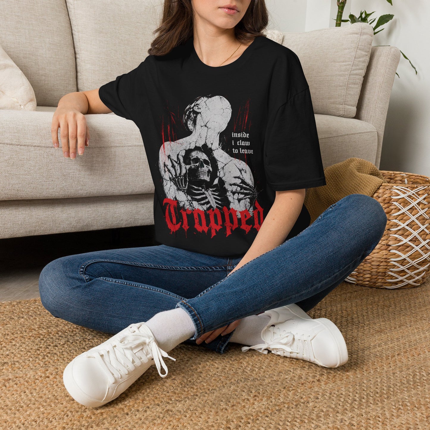 Trapped Gothic Graphic T-Shirt — "Inside I Claw to Leave" Skull Design