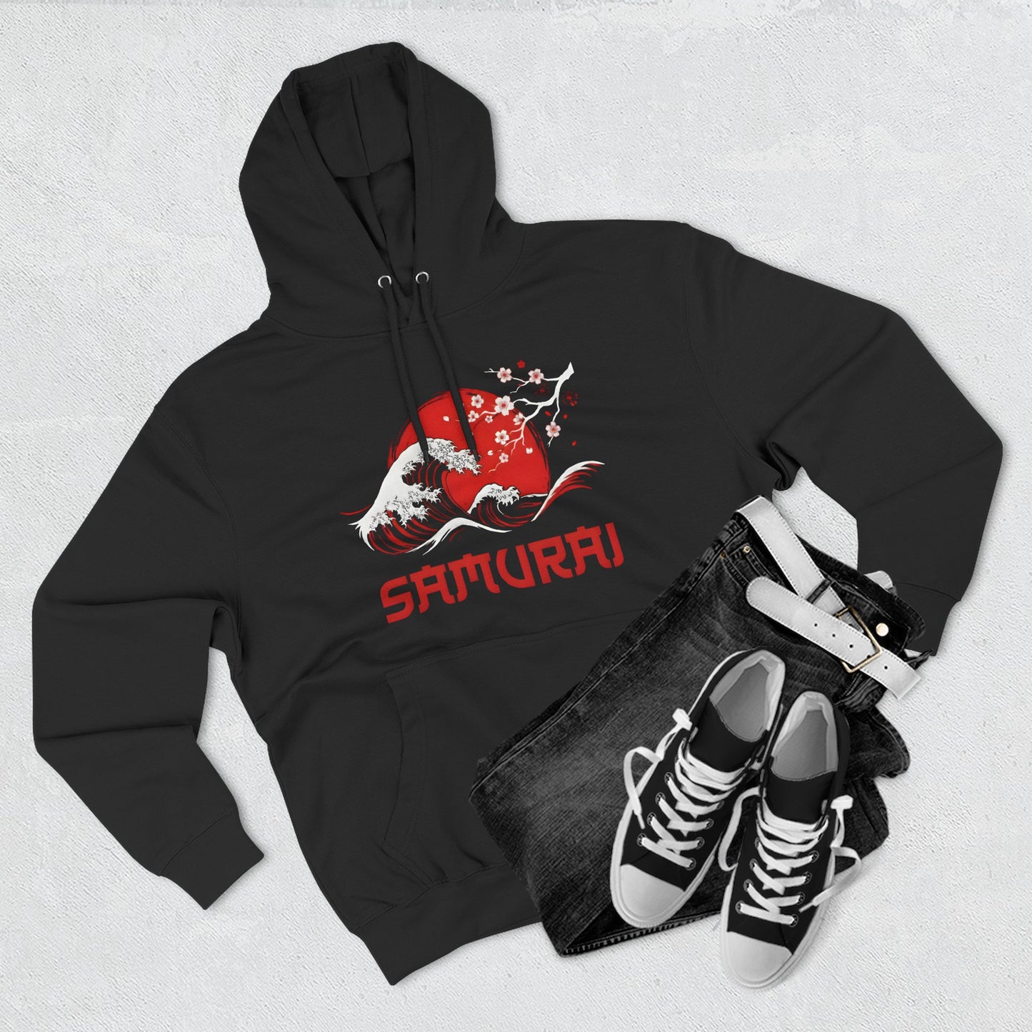 Samurai Hoodie — Honor Graphic Fleece Pullover with Red Sun Design