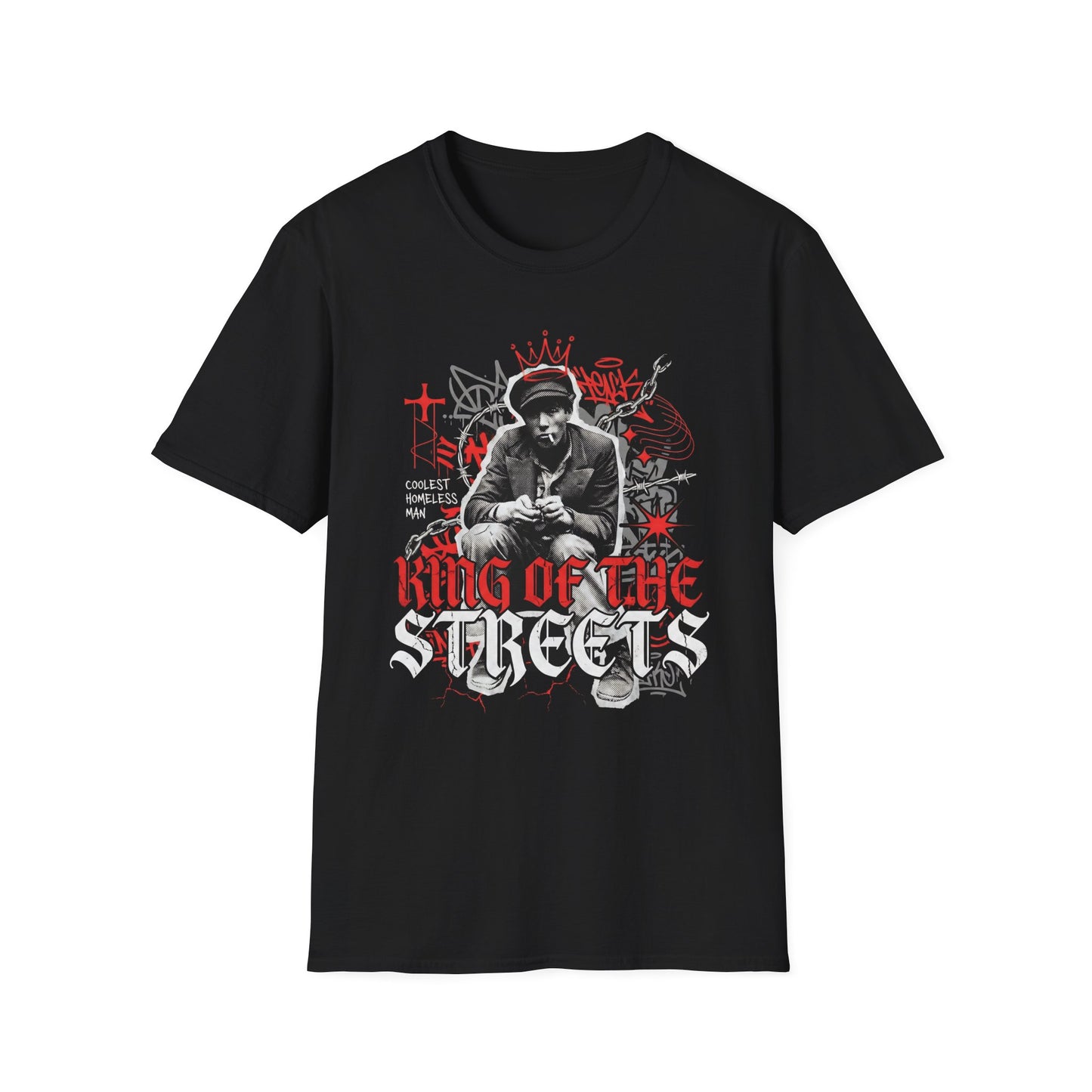 King of the Streets T-Shirt — Urban Graffiti Portrait "Coolest Homeless Man"