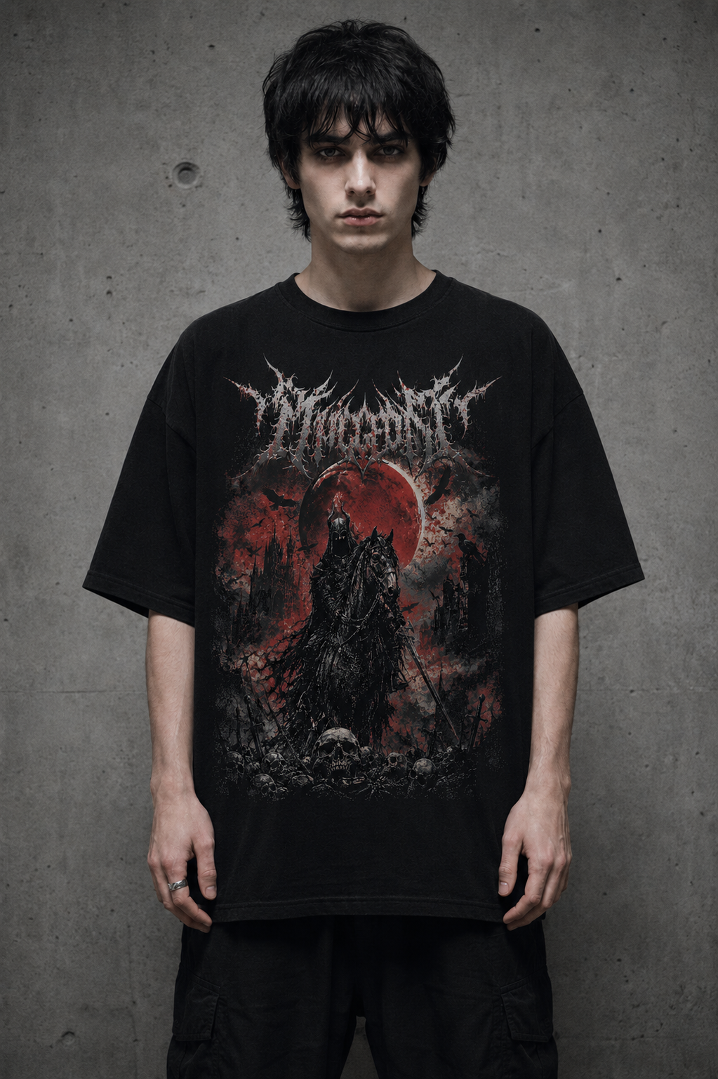 Dark Rider Graphic T-Shirt — Red Moon Gothic Band Tee