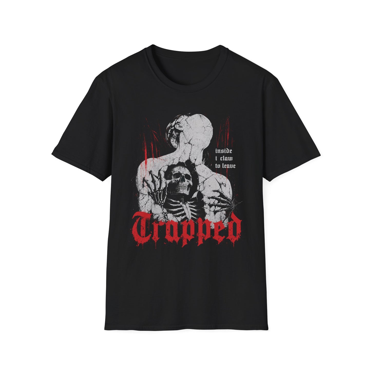 Trapped Gothic Graphic T-Shirt — "Inside I Claw to Leave" Skull Design