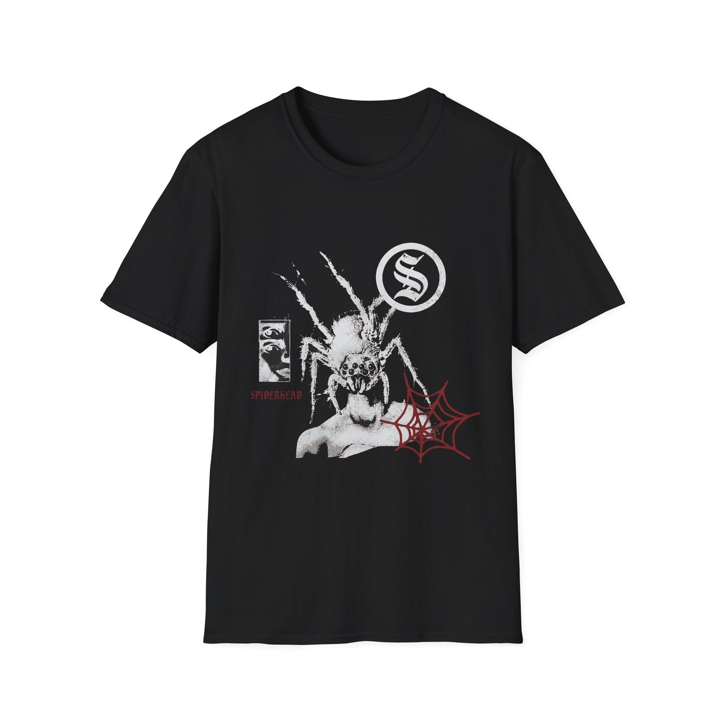 Spiderhead Graphic T-Shirt — Gothic Spider Web Tee with Bold 'S' Emblem